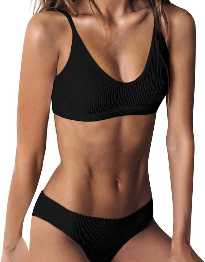 Women Ribbed Bikini Cheeky Bottom v Neck Brazilian Top 2 Piece Bathing Suits