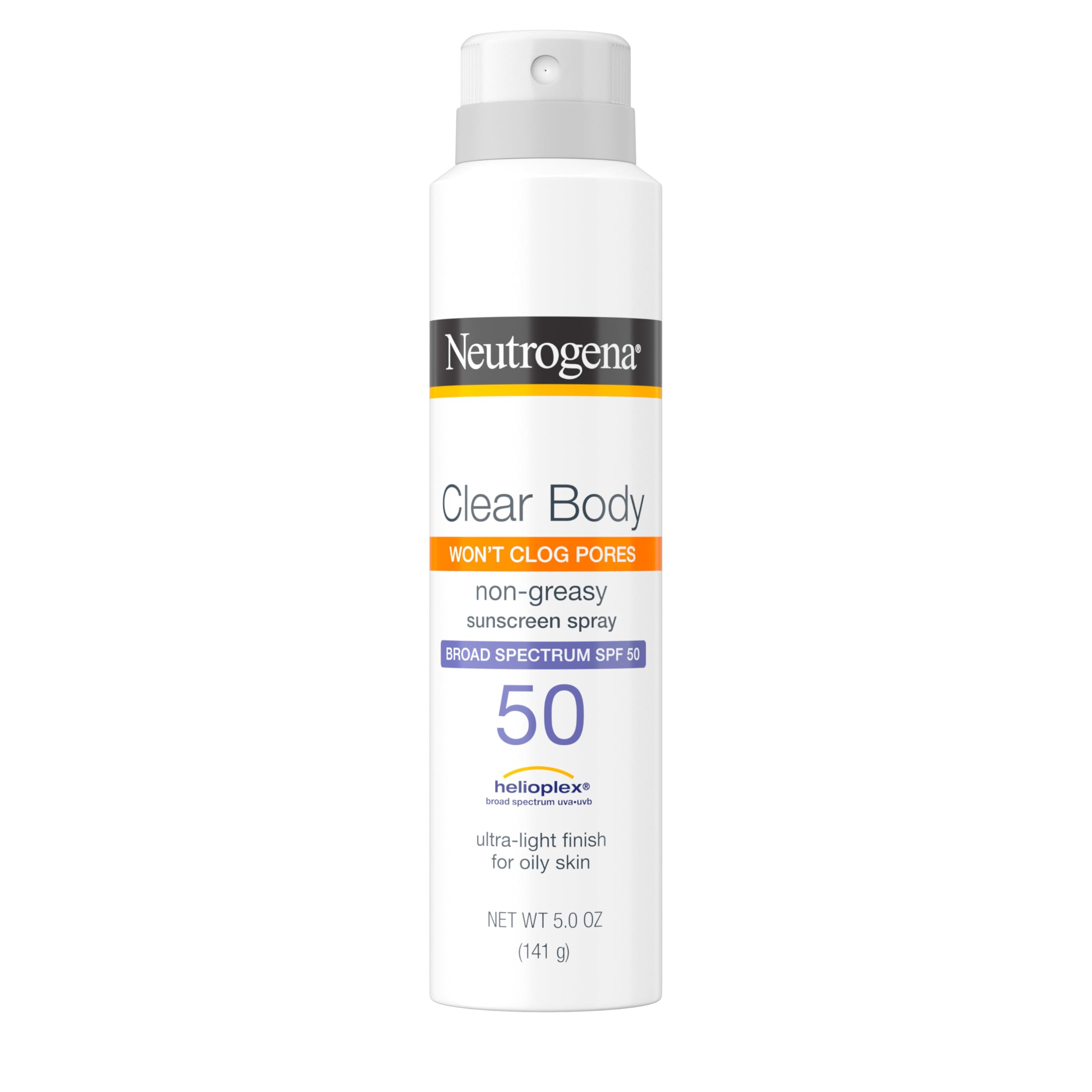 Neutrogena Clear Body SPF 50 Sunscreen Spray, Non-Greasy, Broad Spectrum Full Body Sunscreen Ideal for Oily Skin Moisturizes & Cools, Non-Comedogenic Spray Sunscreen, Oxybenzone-Free, 5 oz