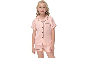 Veseacky Unisex Satin Pajamas Set Boys Girls Silk Pjs Short Sleeve 2 Piece Sleepwear Button-Down Kids Nightwear(4-13T)