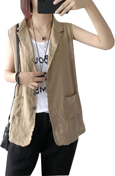 Amazon Mlboss ベスト レディース 麻 ブレザーネック サマージャケット リネン チョッキ ジレ 通勤 ダメージ加工 ファッション 夏服 アウター カーキ ベスト 通販