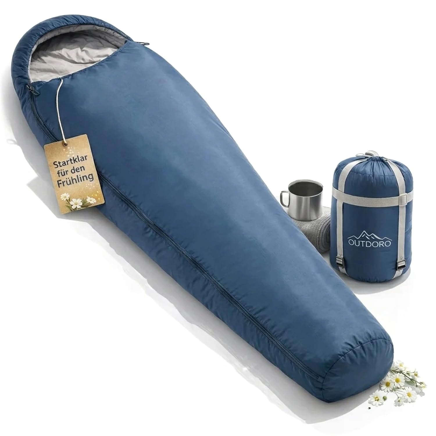 Outdoro Ultra Lightweight Slim Fit Warm Sleeping Bag – Small size – lightweight – ideal summer sleeping bag mummy sleeping bag for men and women, Adults, blue
