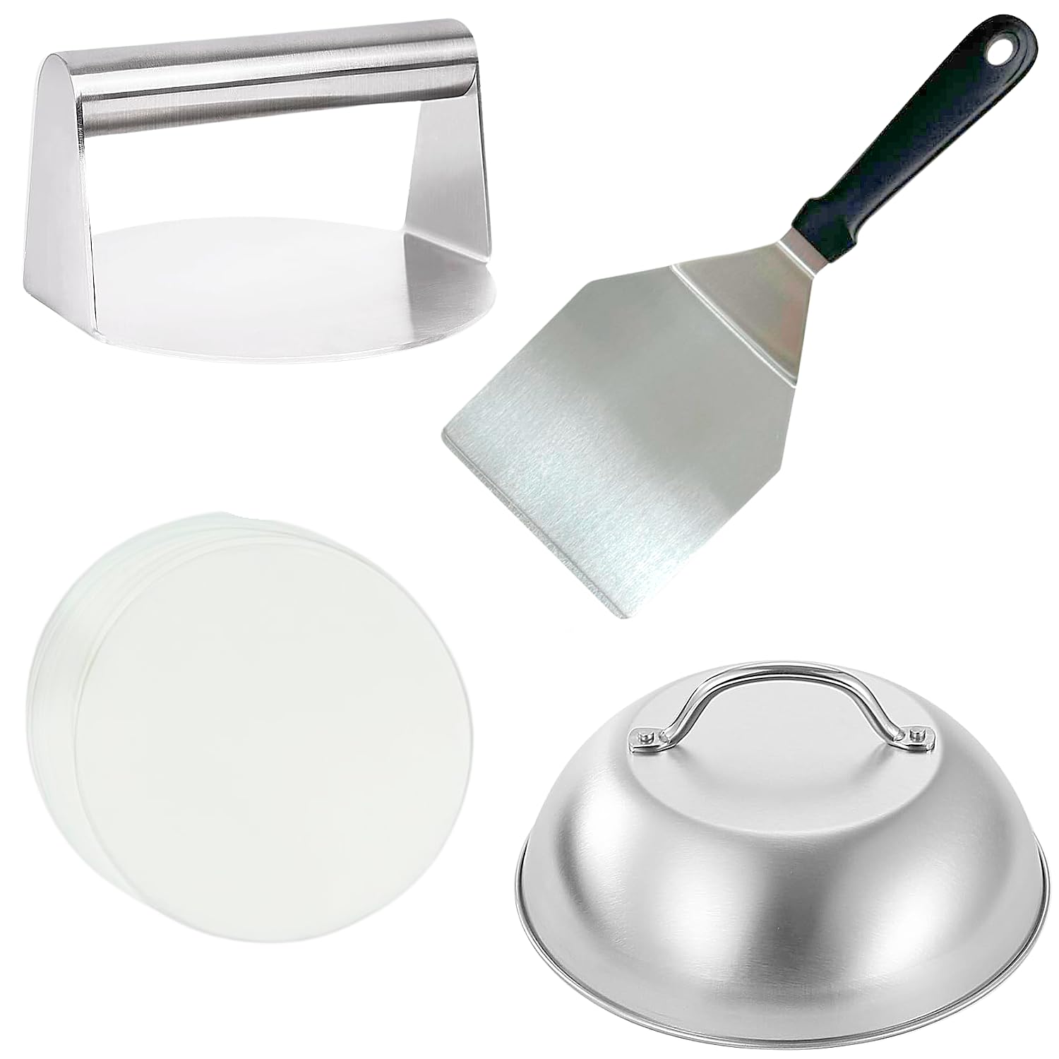 4Pcs Burger Press Kit with 15" Burger Smasher, 12" Griddle Spatula, 9" Cheese Melting Dome & 50 Wax Discs, 430 Stainless Steel Smash Burger Press Kit, Griddle Accessories Kit