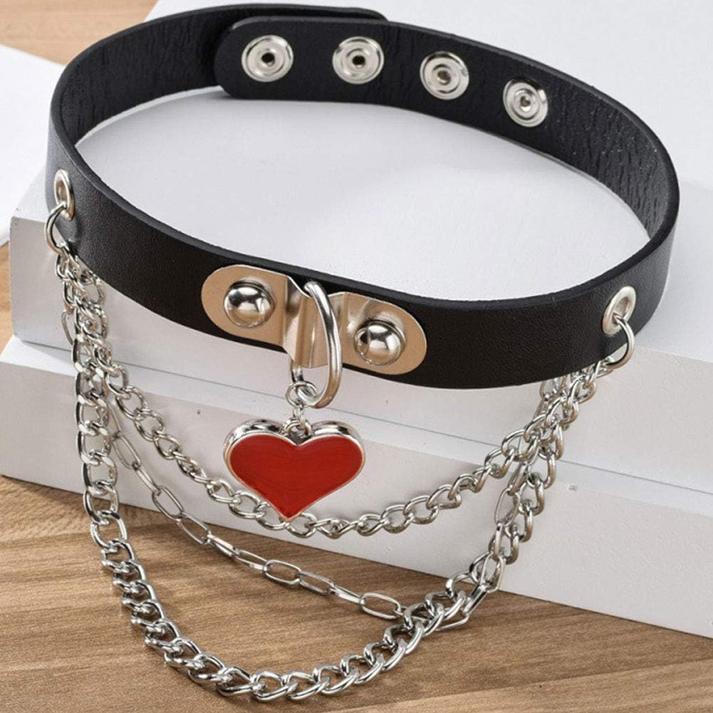 MJartoria Gothic Jewelry-PU Leather Choker Necklace for Women-O-Ring Heart Punk Rock Adjustable Black Collar Choker Cosplayer (Style 1, 2 Pcs): Clothing