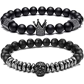 SEVENSTONE 8mm Crown King Charm Bracelet for Men Women Black Matte Onyx Stone Beads