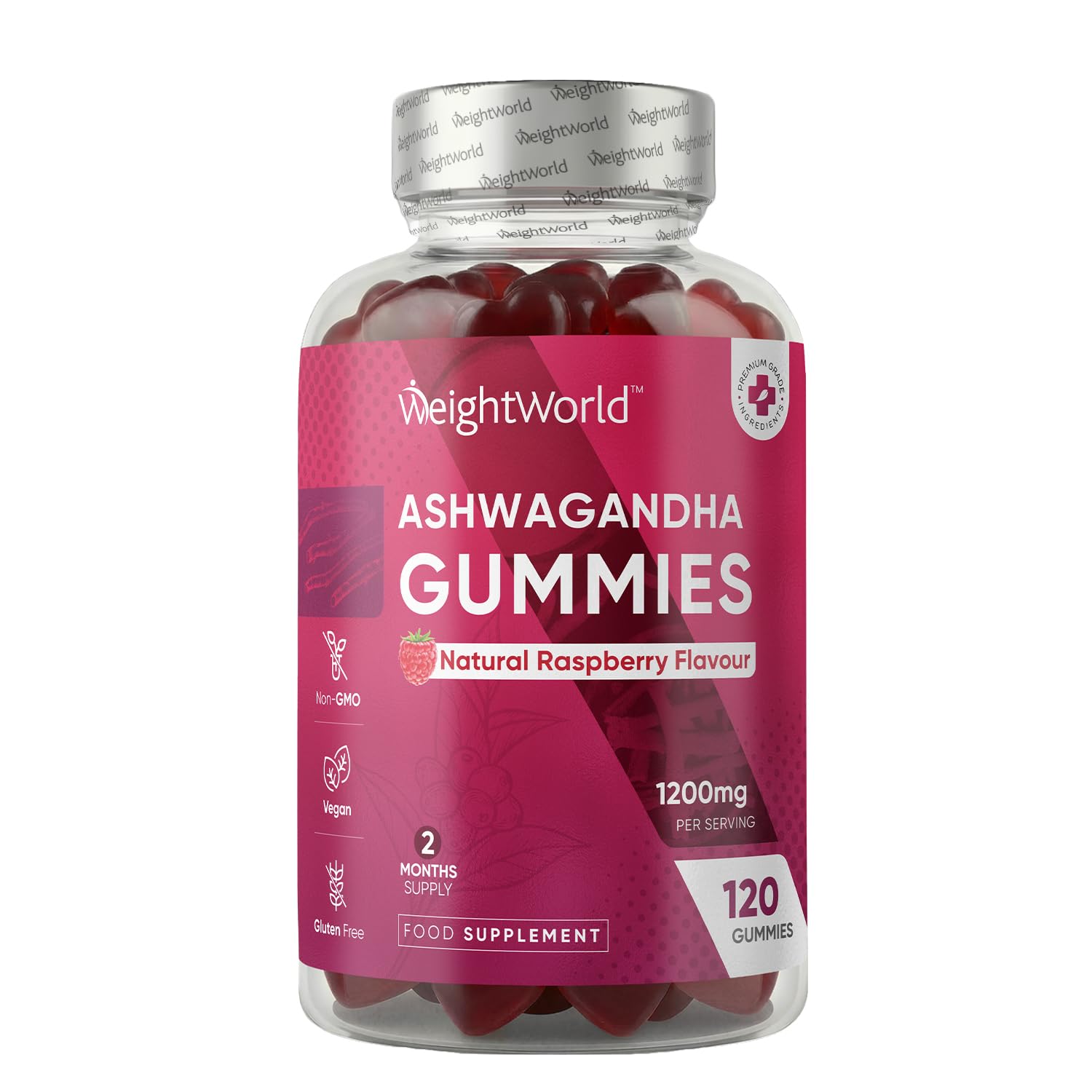 Ashwagandha Gummies 1200mg - 120 Gummies - 2 Months Supply - Tasty Natural Raspberry Flavour - 2 per Day - Ashwagandha Root Extract Supplement - Vegan, Non-GMO, Gluten-Free & Travel-Friendly