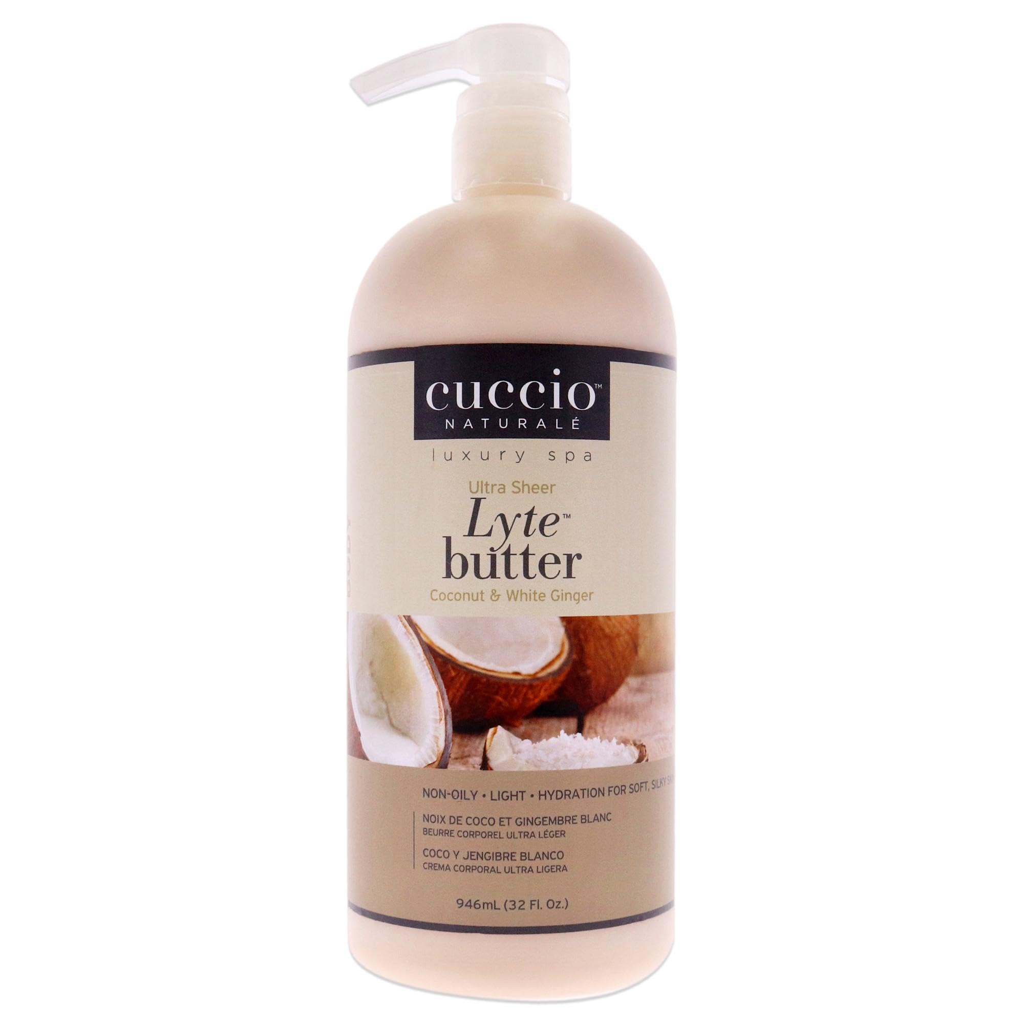 Cuccio Coconut & White Ginger Lyte Lotion, 946ml 32oz, Lightweight Hydrating Body Lotion, Fast Absorbing Non Greasy Body Moisturiser for Dry & Sensitive Skin, Daily Hand & Body Care