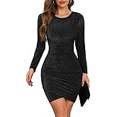 ihot Women's Glitter Party Dress Long Sleeve Crew Neck Faux Wrap Ruched Bodycon Sparkly Night Out Club Mini Dresses