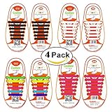 Shackcom No Tie Flat Shoelaces 4 Pack for Kids, Men & Women | Waterproof & Stretchy Silicone Tieless Shoe Laces | for Athletic & Dress Shoes, Hiking Boots & More | Eliminate Loose Shoelace Accidents