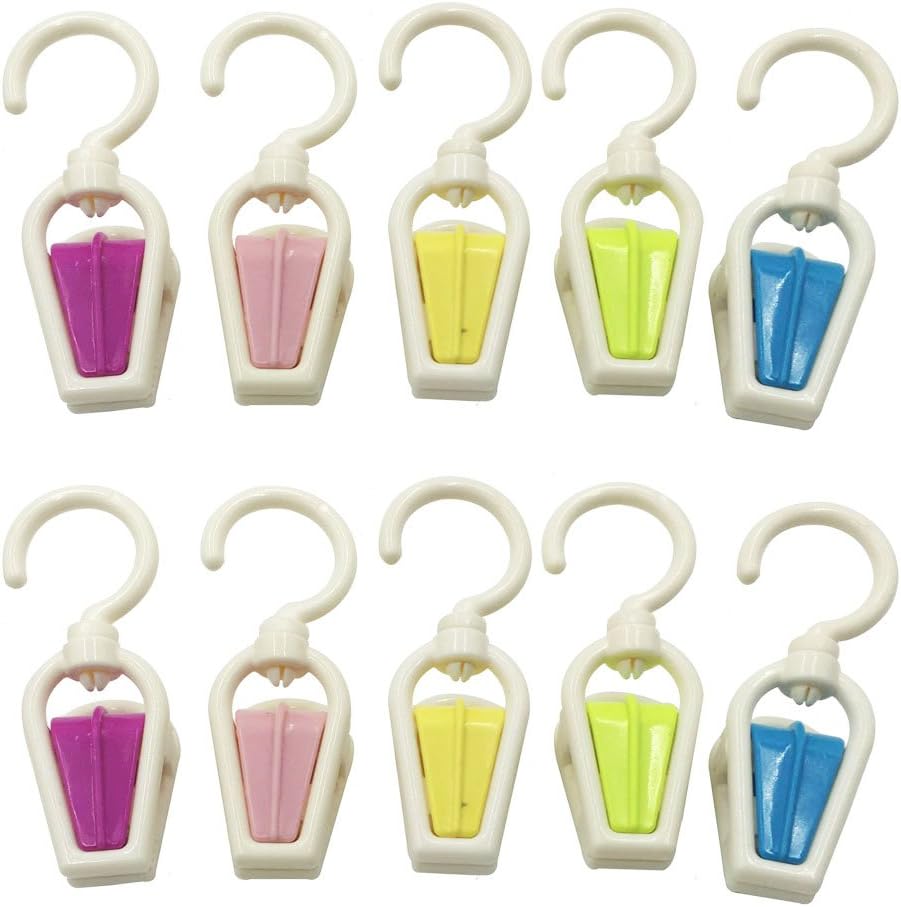 Mmei Set of 10 Plastic Fashion Color Collection Swivel Laundry Hooks Clothes Pins Hanging Clips Hanger Home Travel Portable