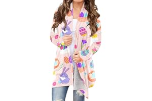 HXHYQKP Easter Cardigans for Women Long Sleeve Easter Egg and Easter Bunny Print Slim Fit Lightweight Open Front Coats