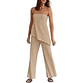 Tankaneo Womens 2 Piece Outfits Asymmetrical Tube Top Wide Leg Pants Knit Vacation Travel 2025 Matching Lounge Sets
