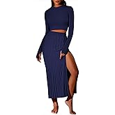 Pink Queen Women's 2 Piece Sweater Outfits Set Long Sleeve Crop Top Ribbed Split Bodycon Midi Long Skirt Knit Dresses