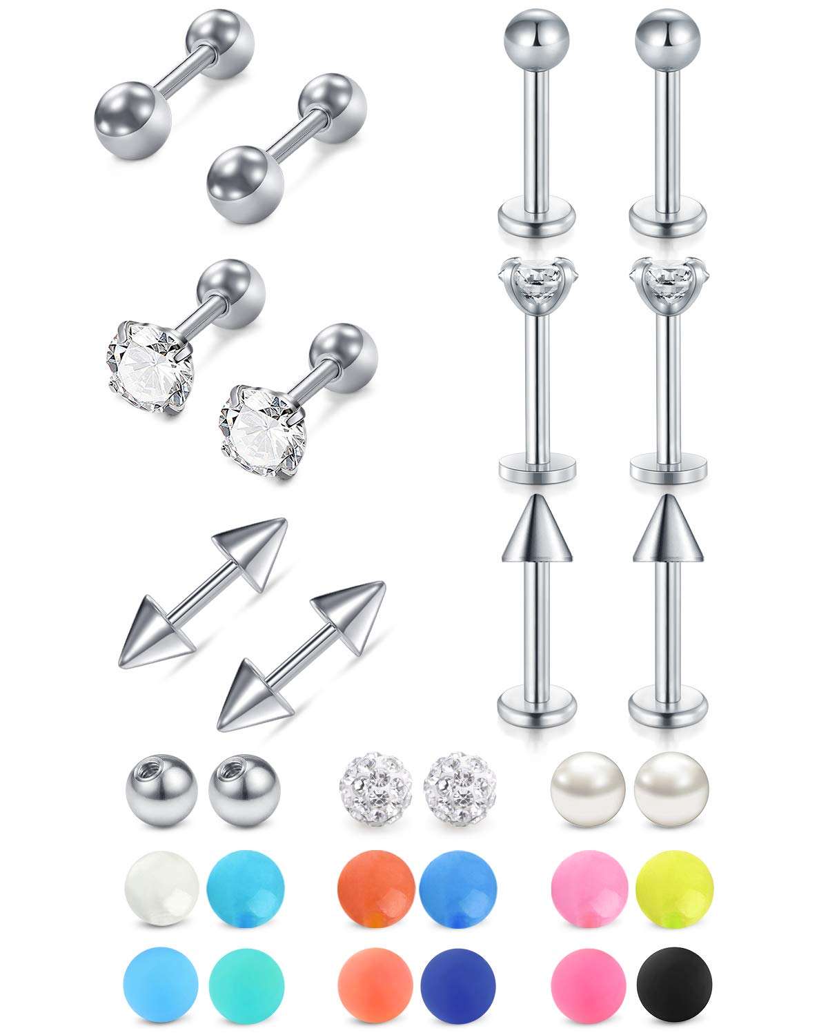 LAURITAMI Tragus Earrings Studs Lip Labret Bars Stainless Steel & Acrylic 6mm Medusa Helix Cartilage CZ Crystal Opal Earrings Piercing Jewellery