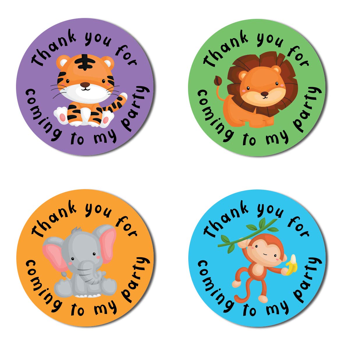 40mm Jungle Animals Thank You for Coming to My Party Round Stickers for Party Bags & Sweet Cones - Lion, Monkey, Elephant & Tiger (24 Stickers)