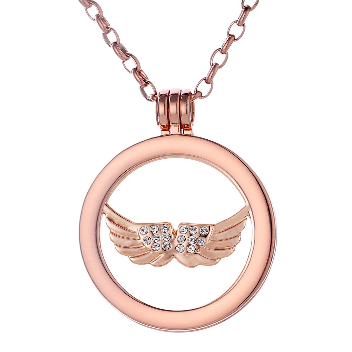 Morella Women Necklace 70 cm 27.5" Rose Golden Stainless Steel with Amulet and Coin 33 mm 1,3" Angel's Wings Rose Gold in Velvet Bag