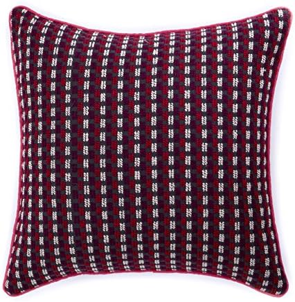 Homier Grey Geometric Pillow Cover Throw Cushion Case for Sofa Couch - Dark Gray Color with Red/Burgundy/White Woven Stripe Pattern and Pink/Coral Accent Piping - 18 x 18 Inches