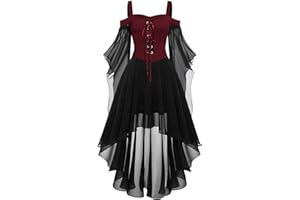 HINVHAI Gothic Costume for Women, Steampunk Gothic High Low Dress Off Shoulder Butterfly Sleeve Dress Halloween Gothic Dress