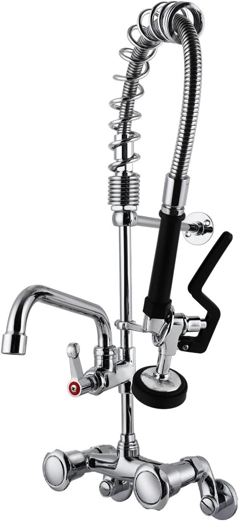 MaxSen 4-8 Inch Adjustable Center Wall Mount 25" Height Commercial Kitchen Sink Faucet Brass Mini Pre Rinse Unit With Pull Down Spray And 8 Inch Add on Spout (M6813-1P) - - 