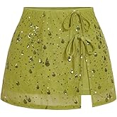 MakeMeChic Women's Mesh Low Waist Sequin Skirt Tie Knot Split Summer Mini Skirts