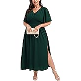 SCOMCHIC Women Plus Size Maxi Formal Dresses Wedding Guest Cocktail Short Sleeve V Neck Smocked Slit Long Flowy Dress