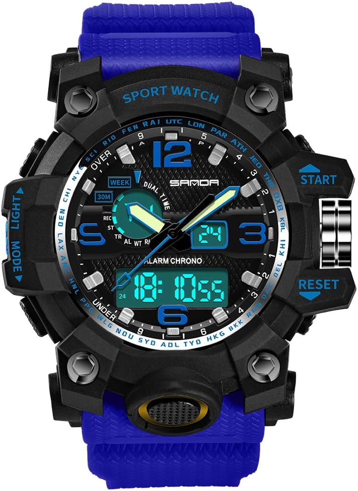 Men's Sports Analog Quartz Watch Dual Display Waterproof Digital Watches with LED Backlight relogio masculino (Blue Black)