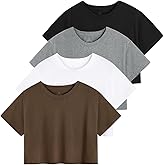 Xelky Womens Crop Casual Tops Tshirt Cotton Loose Workout Short Sleeve Round Neck Tee Yoga Running Shirts 4 Pack