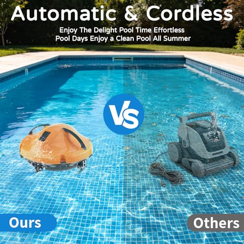 KOSGHO 2026 New Cordless Robot Pool Vacuum, Automatic Pool Cleaner Robot with Dual-Motor, 130mins Runtime & Auto Parking Robotic Pool Vacuum for Above Ground Pool Up to 1100 Sq.Ft,JQR-V201,Orange