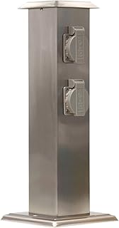 Grafner Edelstahl Gartensteckdose mit 4 Steckdosen, IP54, eckig, Klarlack-Beschichtung, Energiesäule Mehrfachsteckdose Outdoor Metall Außensteckdose 4-fach