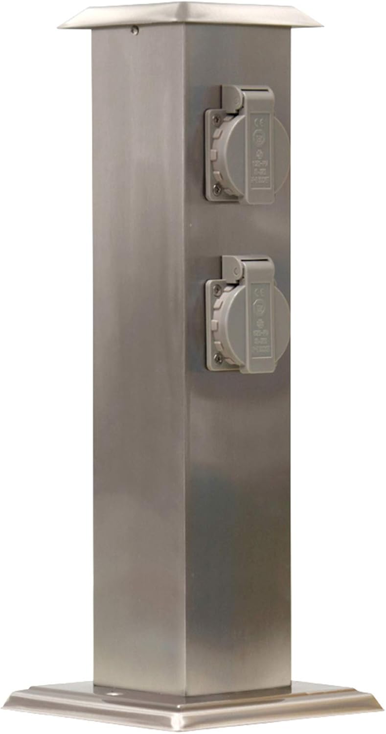 Grafner Edelstahl Gartensteckdose mit 4 Steckdosen, IP54, eckig, Klarlack-Beschichtung, Energiesäule Mehrfachsteckdose Outdoor Metall Außensteckdose 4-fach