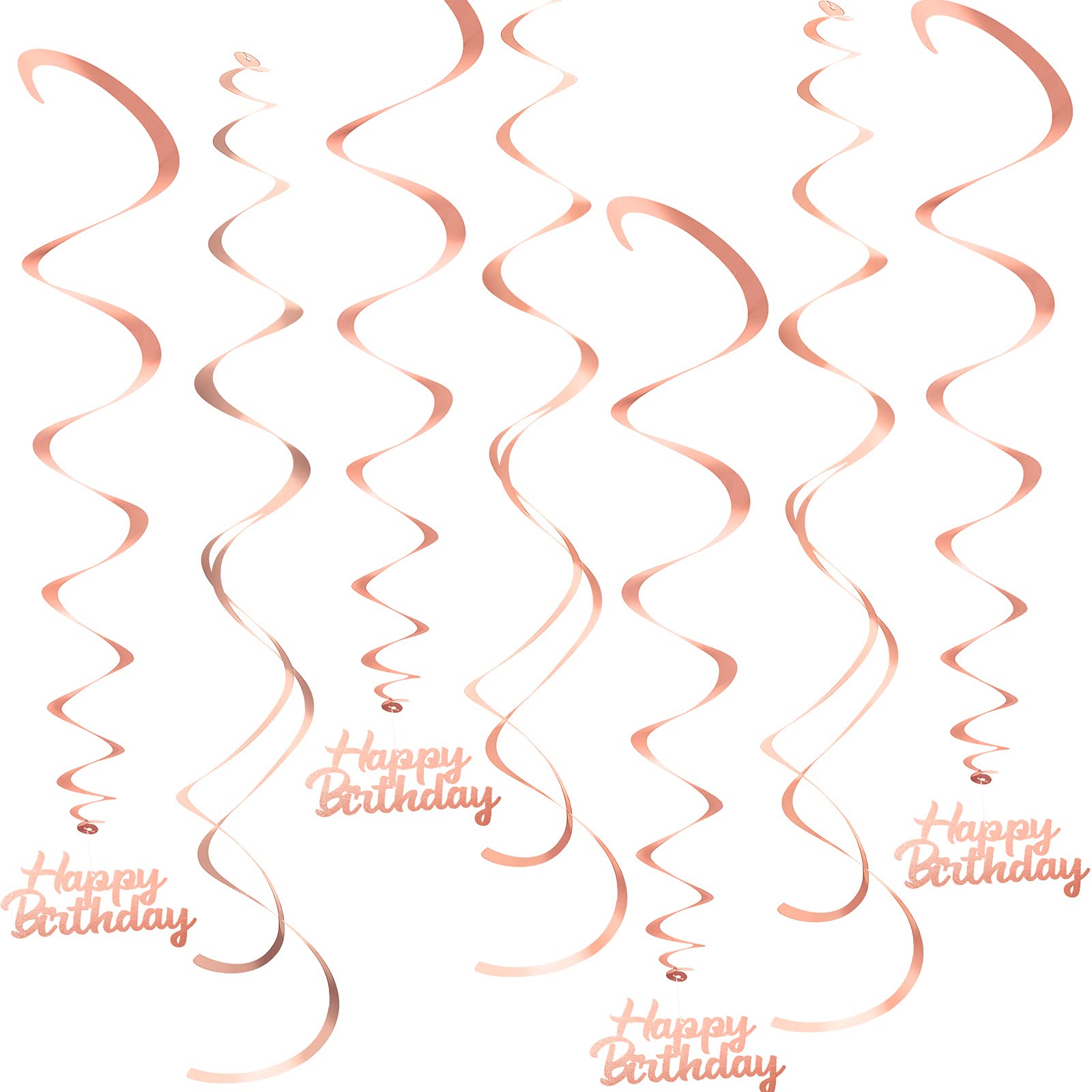 Aoriher 12 Pieces Rose Gold Hanging Swirls Happy Birthday Party Decorations Foil Ceiling Swirls Hanging Garland Spiral Streamers for Girls and Women Birthday Wedding Party Favor Supplies