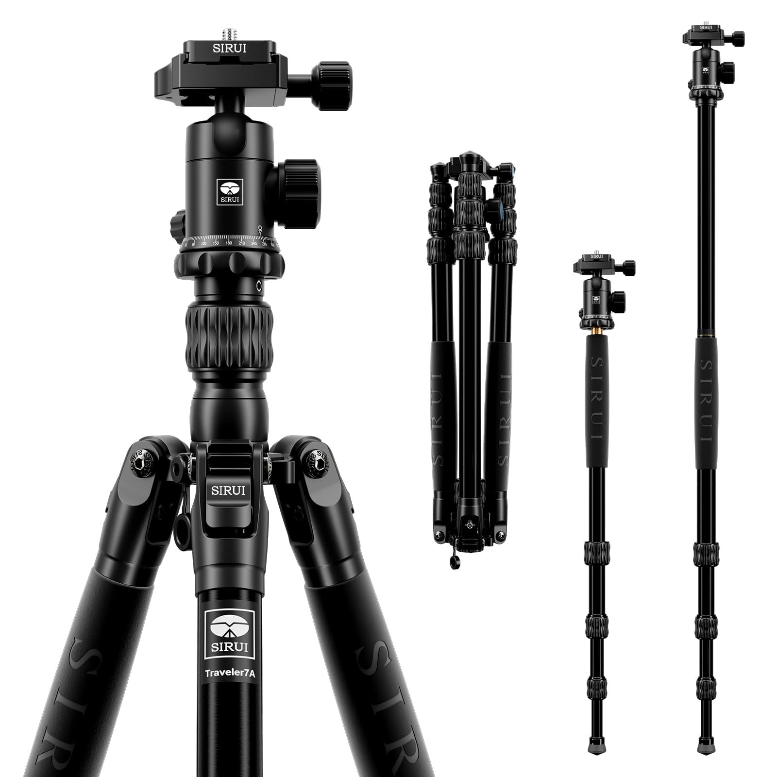 SIRUI Traveler 7A Portable Tripod for Camera, 66" Aluminum Compact Tripod and Monopod with 360° Panorama Ball Head, Quick Release Plate, for DSLR, Mirrorless, Camera, Camcorder, Load up to 8kg