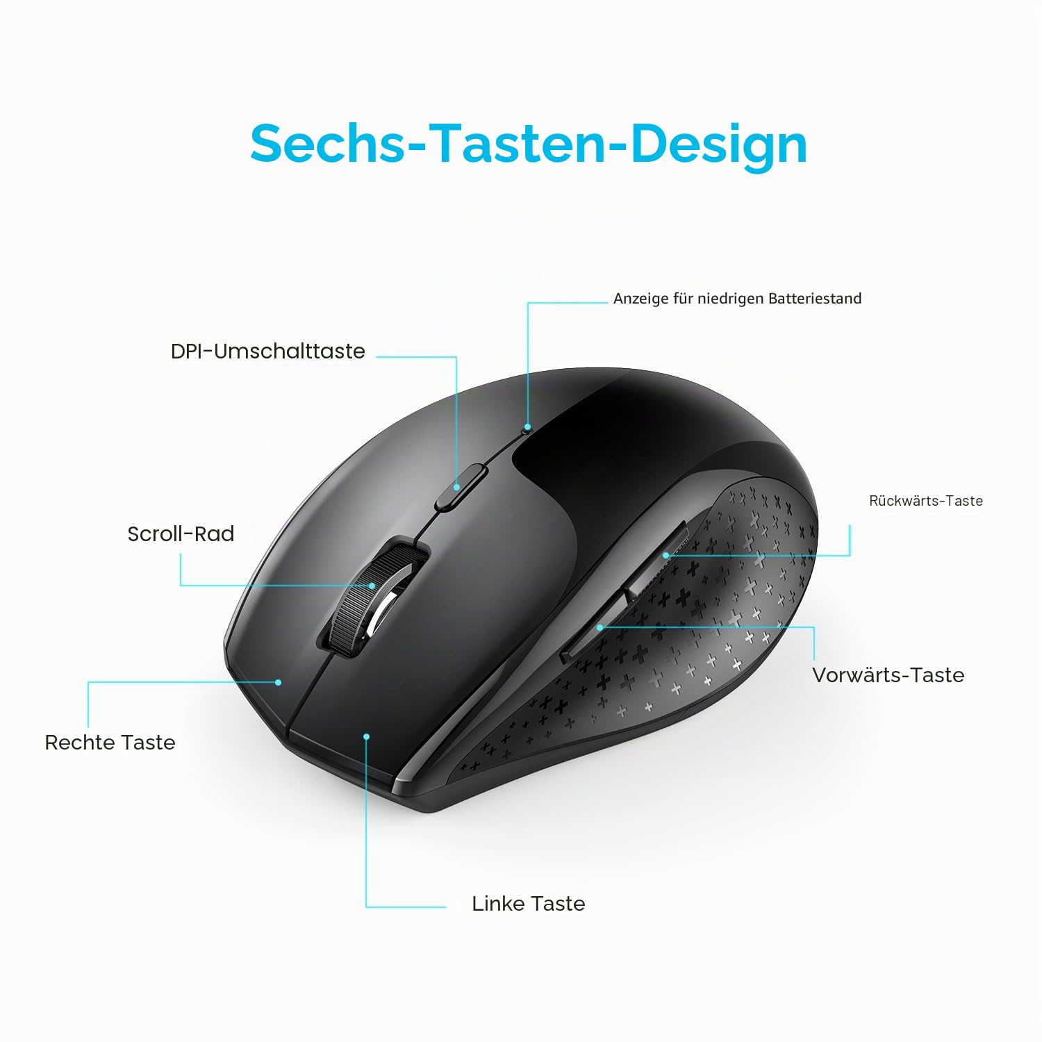 TECKNET Silent Maus Kabellose, 4800DPI 2.4GHz Leise Funkmaus mit Nano Empfänger, Side Control, Ohne Klickgeräusche, 6 Verstellbare DPI Level, Sechs Knöpfe Wireless Maus für Büro Zuhause, Schwarz 6