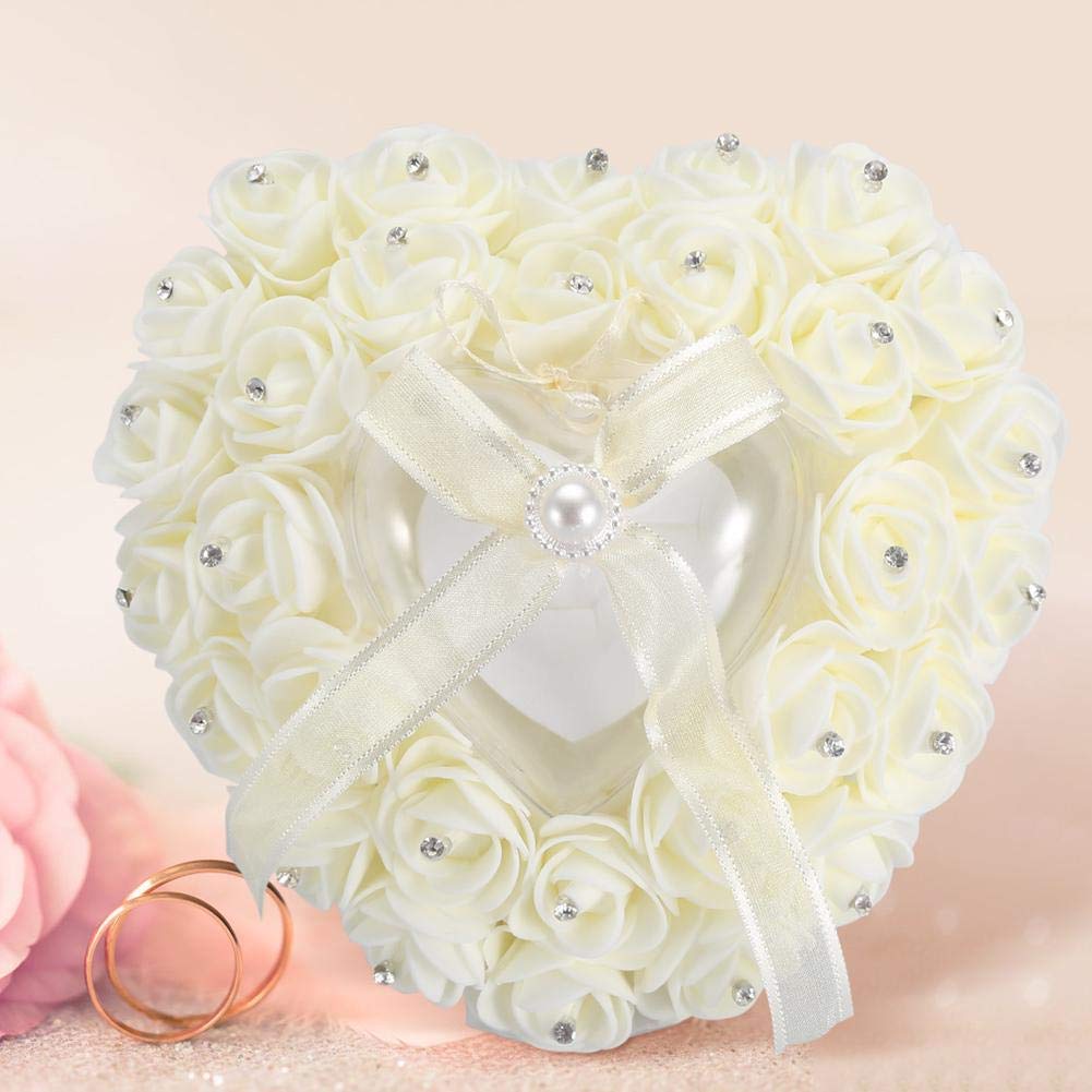 Atyhao Wedding Cushion for 2 Rings Romantic Heart-shaped Wedding Box Rose Rhinestone Decor Pillow Cushion Bearer Pillows(Beige)