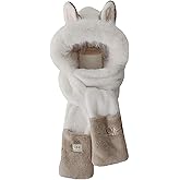 Anopo Hooded Scarf for Women Winter Warm Faux Fur Scarf Hat Gloves Combo with Cute Fox Ear
