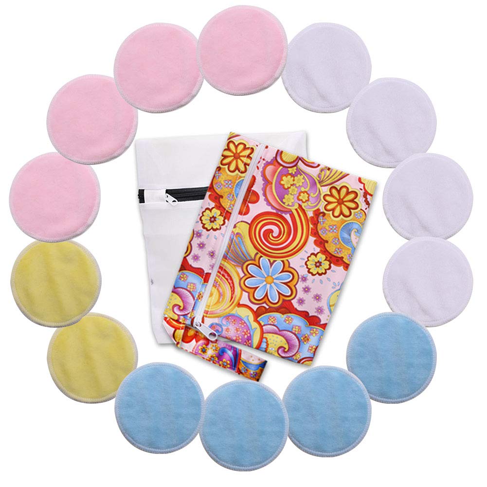 Makeup Remover Pads, 14 Pack Reusable Bamboo Soft Face Clean Pads Facial Skin Care Wash Cleansing Pads with Laundry Bag and Cosmetic Bag, Assorted Colors