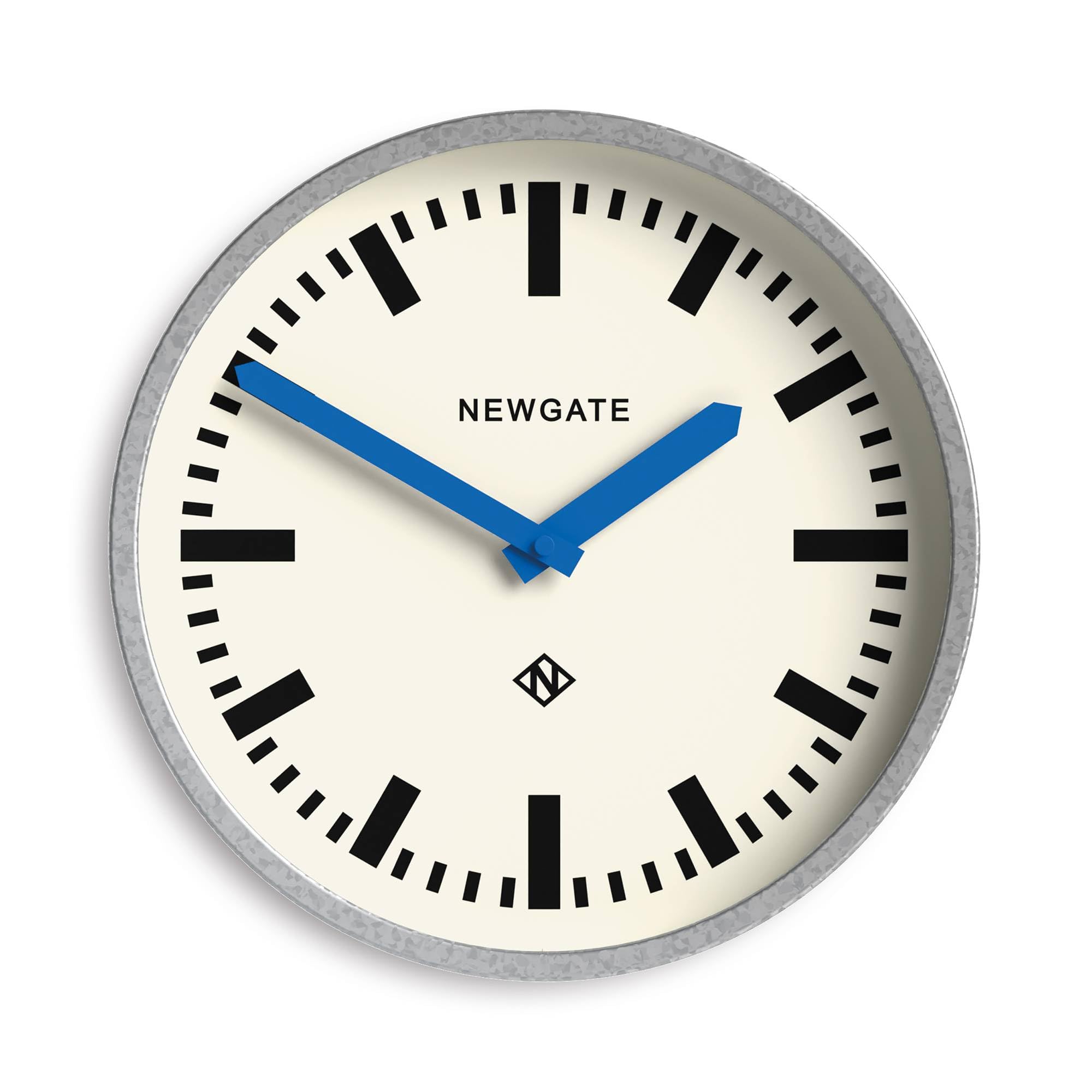 NEWGATE® Luggage wall clock | Modern retro metal station clock | 30cm | Deep galvanised metal case with blue hands | Contemporary vintage style for kitchen, living room or office