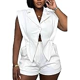 Tbahhir Women Sleeveless Romper Shorts Dressy V Neck Elastic Waist Rompers Short Jumpsuits with Pockets Business Casual