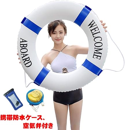 Amazon Takuha 紐付き 浮き輪 大人用 地中海 シンプル おしゃれ スイミング プール レディース メンズ カップル 水遊び リング 厚め アルファベット Welcome Aboard 空気だしが簡単 3色2サイズ ブルー 70 浮き輪 おもちゃ