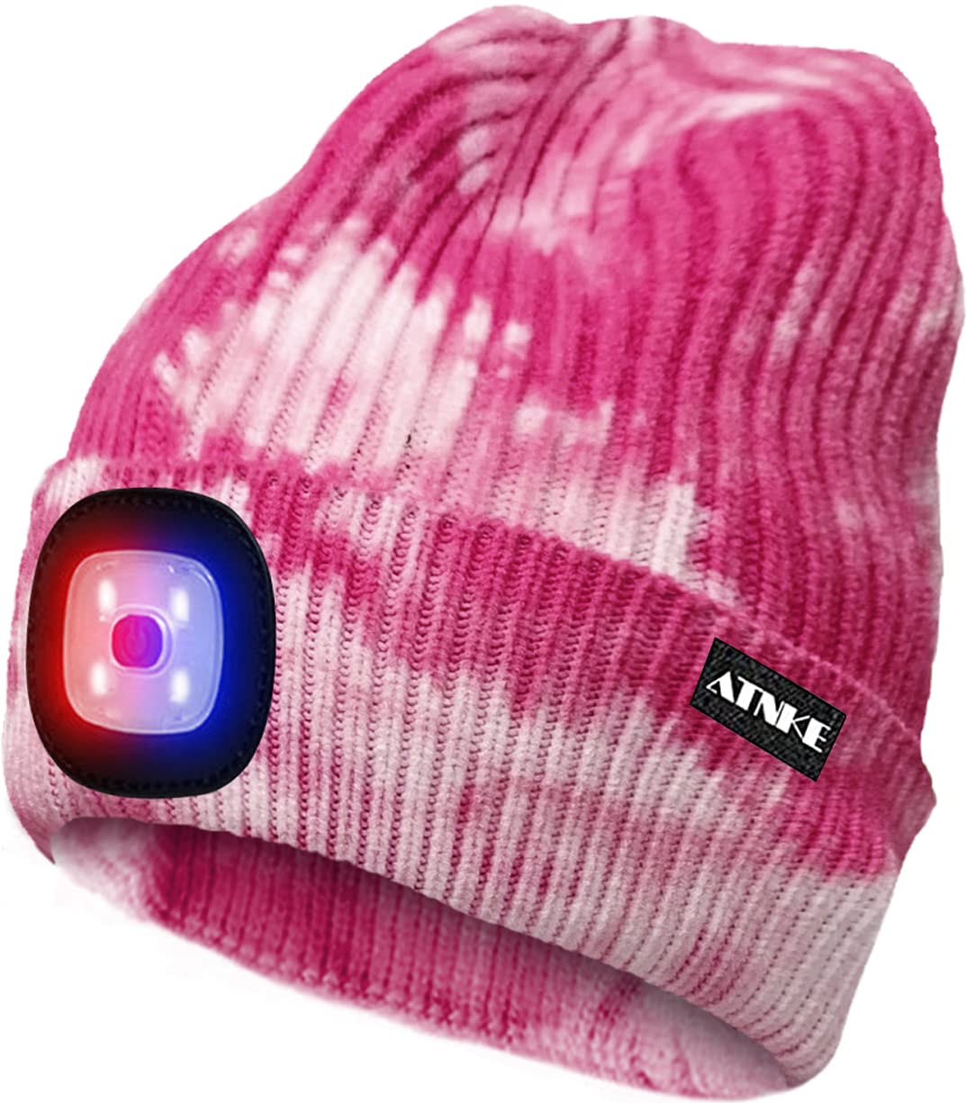 ATNKE LED Lighted Beanie Cap,USB Rechargeable 4 LED Red and Blue Glow Flashing Running Headlamp Hat Winter Warm Gifts for Men and Women/Tie Dye Pink