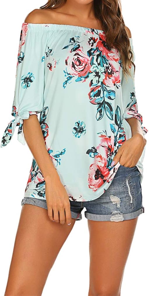 Qearal Women Off Shoulder Blouses 3/4 Sleeve Floral Print Tops