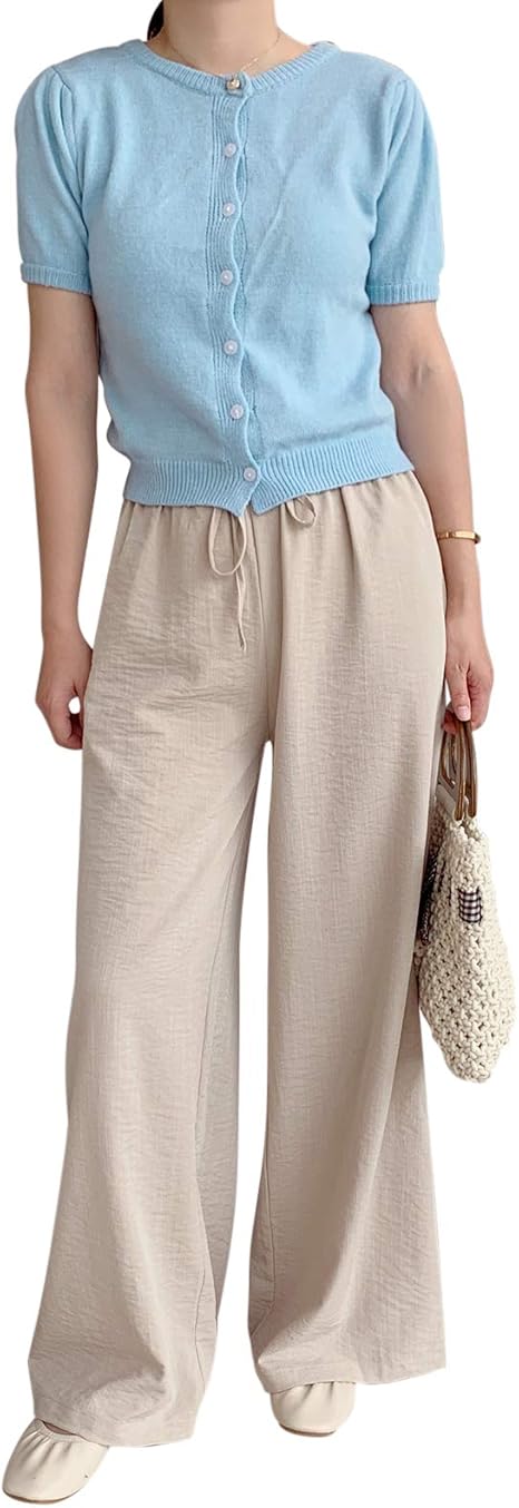 Amazon ワイドパンツ レディース ロングパンツ 綿麻 リネン風ワイドパンツ 紐付き 冷感素材 薄手 夏 着痩せ おしゃれ 無地 カジュアル 通勤 お出掛け ロングパンツ 通販