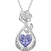 Aurora Tears Birthstone Rose Pendant Necklace - 925 Sterling Silver Rose Cut Heart Cubic Zirconia Love Infinity Drop Necklace Anniversary Birthday Jewelry Gift for Women Wife Mom Daughter