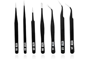 HengTianMei 7Pcs Precision Micro Tweezers Set, Anti-Static Stainless Steel, 3 Sharp Pointed Tweezers, 2 Curved Tweezer, 2 Serrated Tweezer for Eyelash Extensions, Craft, Jewelry, Soldering,Electronics