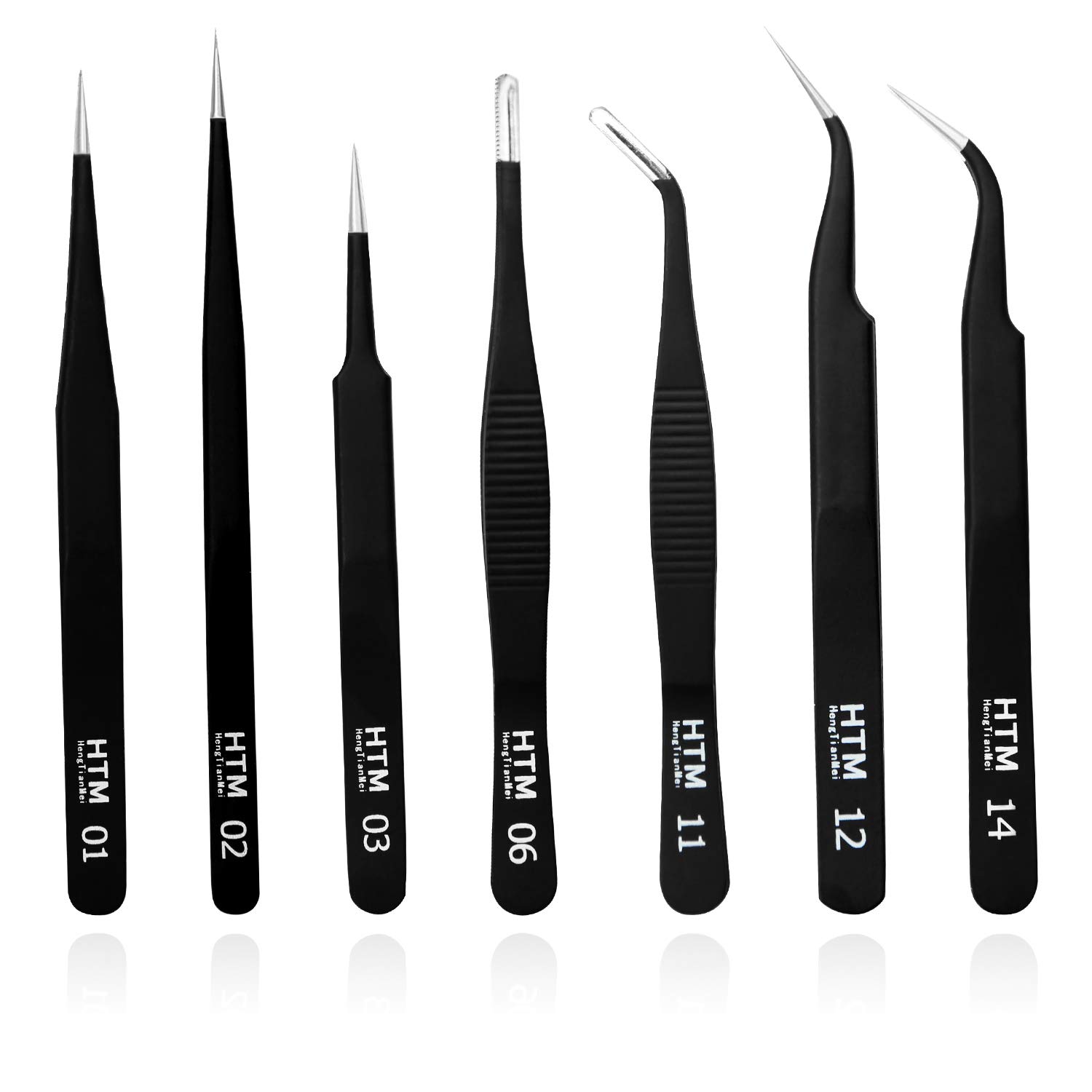 Photo 1 of HengTianMei 7Pcs Precision Micro Tweezers Set, Anti-Static Stainless Steel, 3 Sharp Pointed Tweezers, 2 Curved Tweezer, 2 Serrated Tweezer for Eyelash Extensions, Craft, Jewelry, Soldering,Electronics