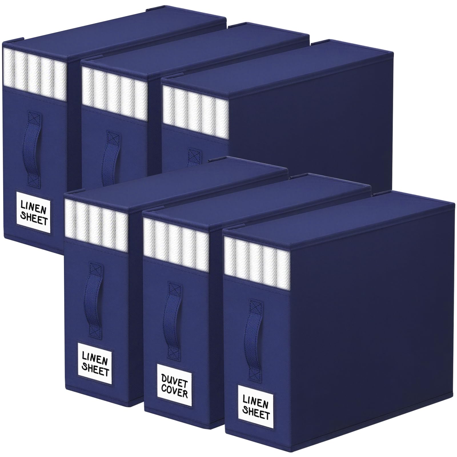 StorageTastic 6 Pack Bed Sheet Closet Organizers and Storage,Sturdy Foldable Storage Containers with Window and Label,Storage and Organization for Bedding Sheets,Duvet Covers,Blankets (Blue) Image