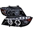Spec-D Tuning Black Smoke Projector Headlights + Top LED Strip Compatible with 2006-2008 BMW E90 3-Series 4 Door Sedan, Left + Right Pair Headlamps Assembly