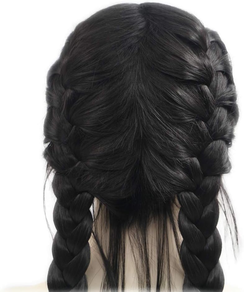 24inches Double Braided Wigs Black Cool Color Synthetic Lace Front Wigs with Baby Hair Cosplay Long Wig Natural Hairline for Women Lady 2x Twist Braids Wig Daily Wear (1B#) - Image 3