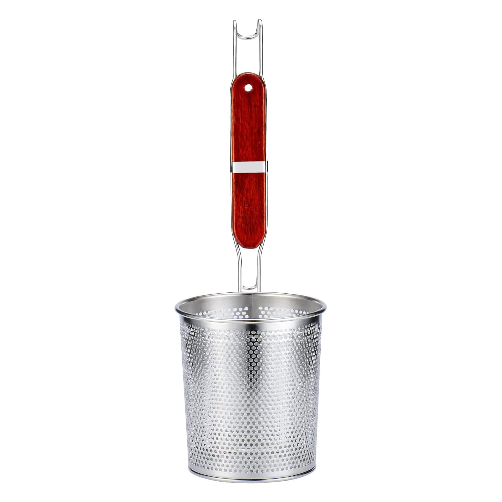 TENTA KITCHEN Stainless Steel Pasta Strainer Mesh Spider Food Strainer Basket with 9.75'' Solid Wooden Handle,fine mesh Noodle Colander Heat Resistant Sifter,Kitchen Utensil,Generous 40 OZ.