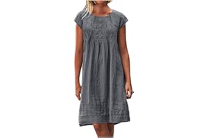 MXALUOB Women's Cotton Linen Midi Dress Plus Size Cap Sleeve Pleated Summer Dresses Vacation 2025 Crew Neck Casual Dress