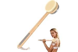 VWMYQ Back Scrubber for Shower - Double-Sided Silicone and Super-Dense Bristles for Deep Cleaning & Exfoliation, Bamboo Long Handle with Wider Anti-Slip Grip, Body Exfoliator for Wet or Dry Brushing